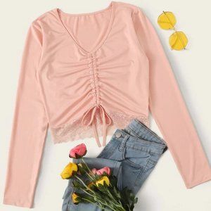 lace hem drawstring pink top